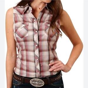 Wrangler pearl snap women's sleeveless button down shirt pink‎ Plaid medium